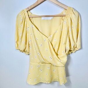 ASTR Yellow Peplum Wrap Blouse with Puff Sleeves